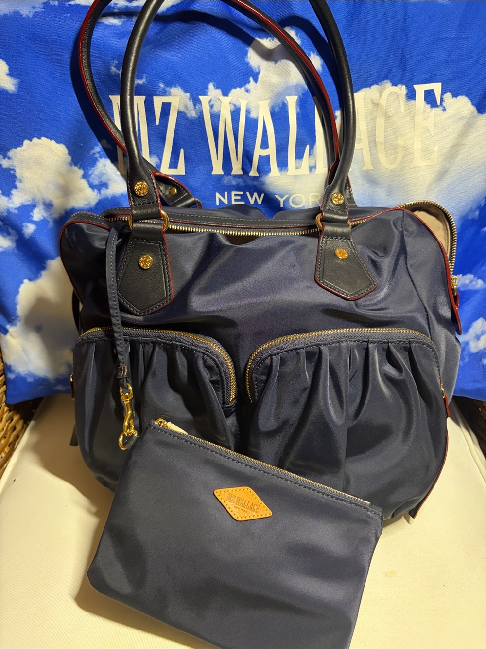 MZ Wallace Navy Nylon Tote with Matching Pouch and Gold Hardware